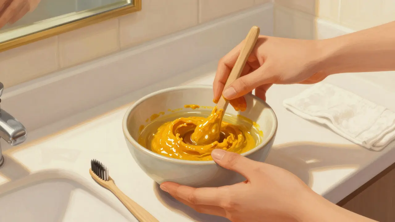 Ruče míchají pastu s kurkumą v keramické misce na toaletní desce