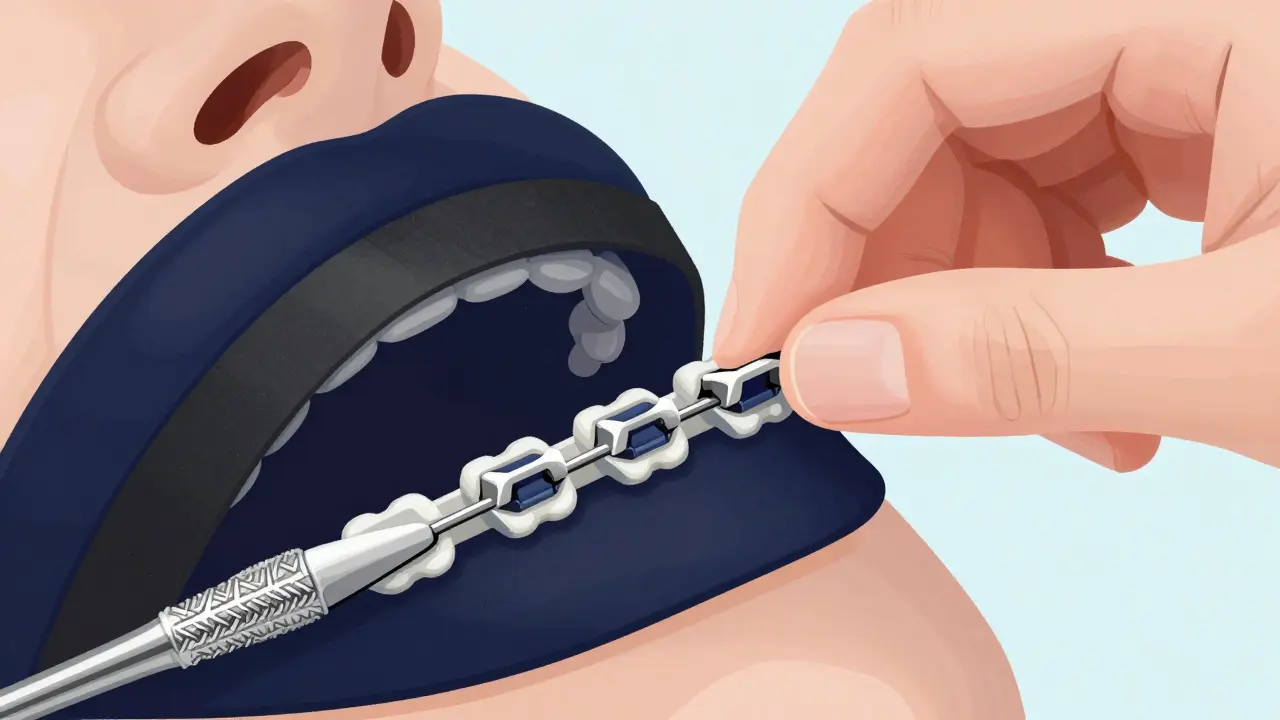 Ruka ortodonty vyměňuje tmavě modré a černé gumičky na zubním rovnátku.