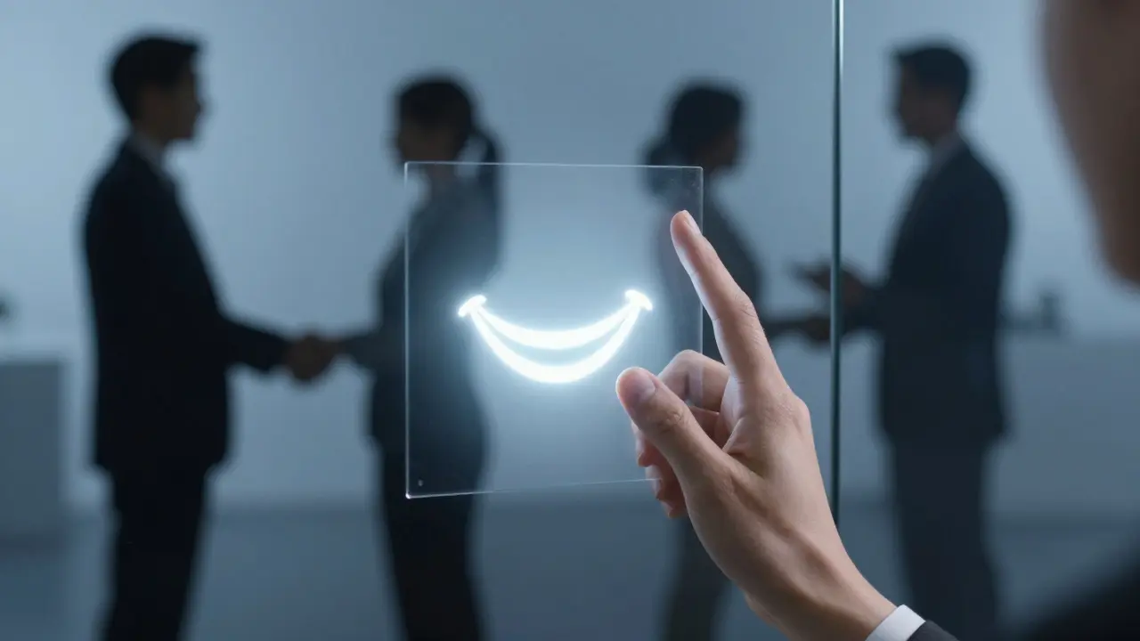 Ruka se dotýká zrcadla, kde se odráží jen jasný úsměv – symbol osvobození od vnitřních bariér.