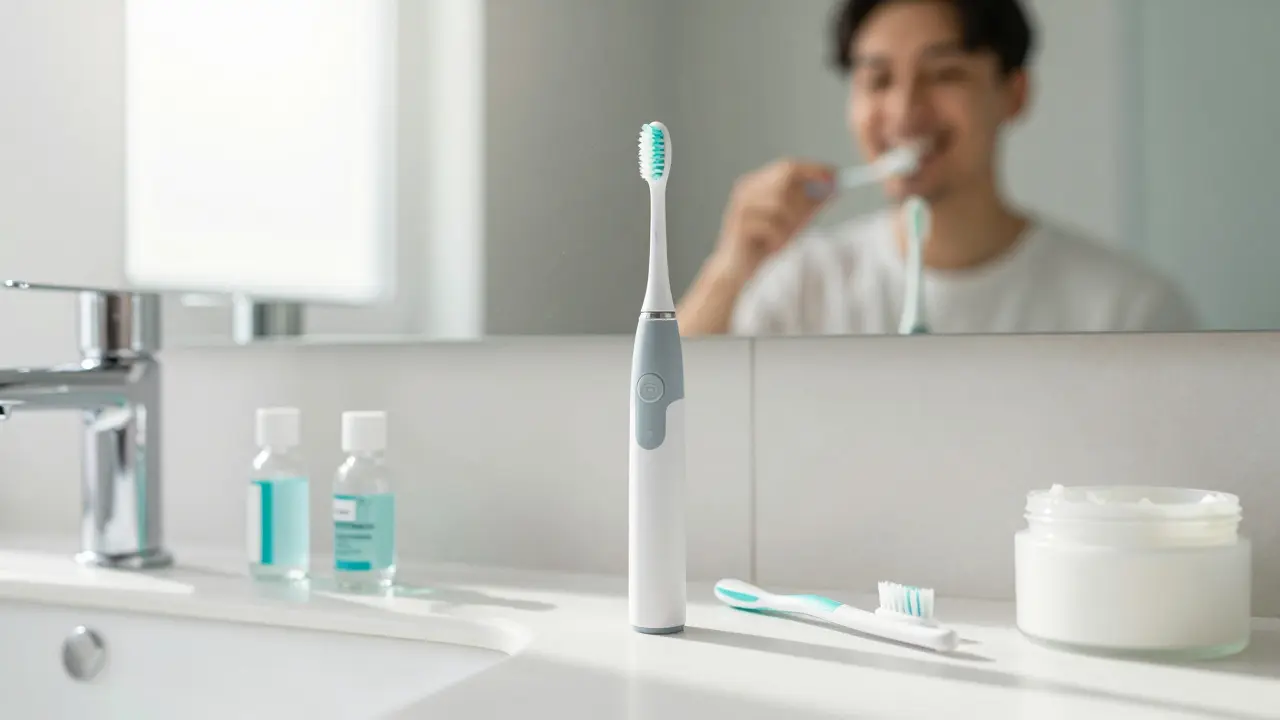 Scéna domácí hygieny s elektrickým kartáčkem a pastou.