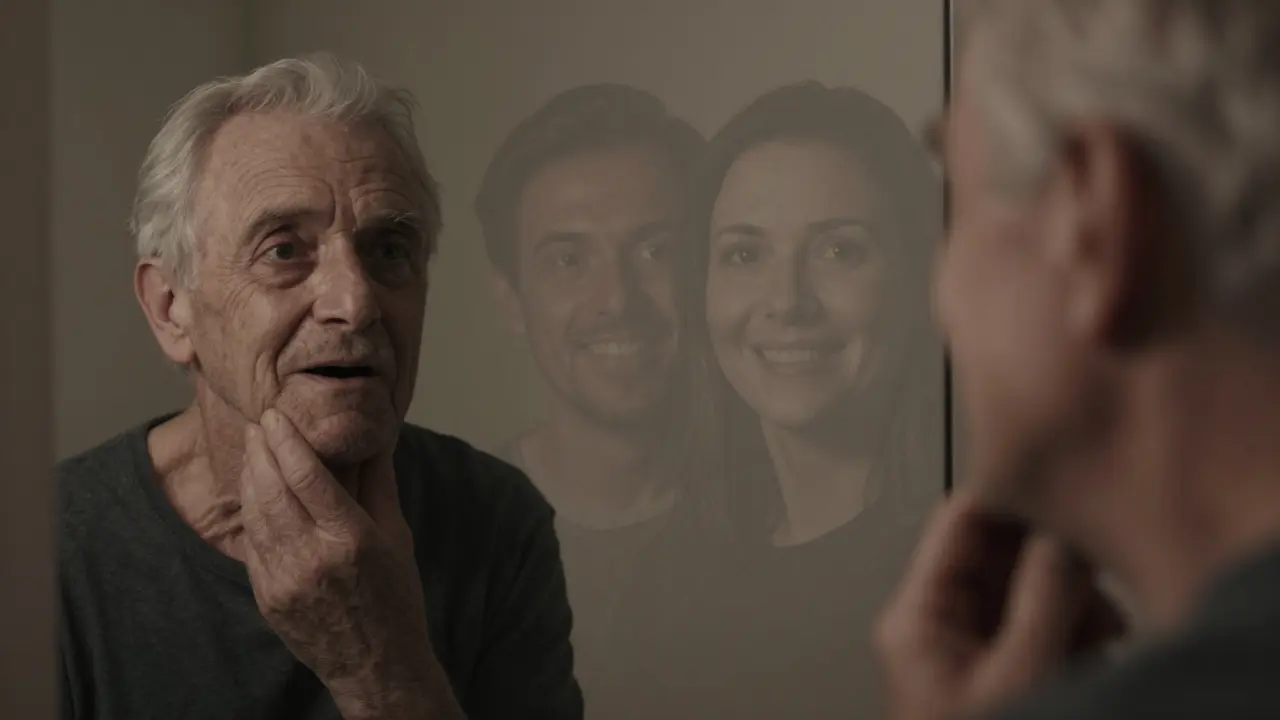 Starší člověk hledí do zrcadla s odhalením ztracených zubů a minulého zdravého úsměvu