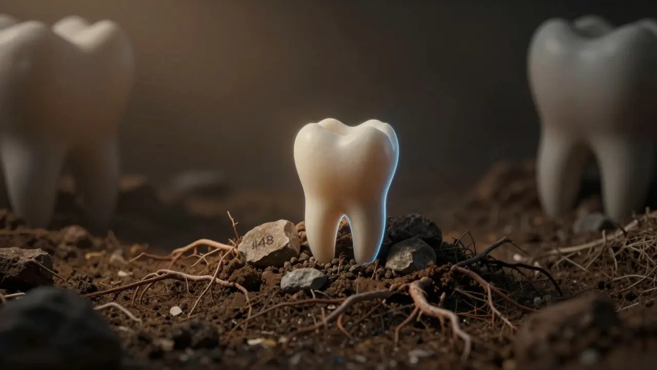 Symbolická představa zakopaného moudrostního zubu pod dásní a kostí, jako skrytý kámen v zemi.