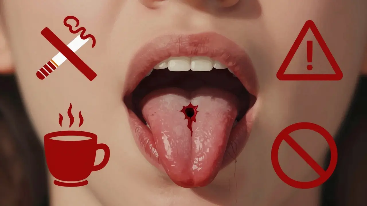 Symbolický obrázek úst s krevní sraženinou a zakázanými činnostmi jako kouření a horké nápoje.