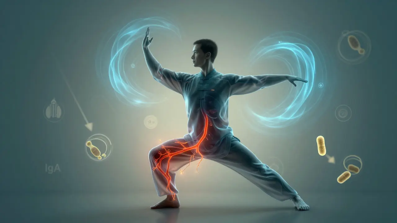 Translucenční anatomie s zvýšeným krevním oběhem v dásních a symboly tai chi a IgA.