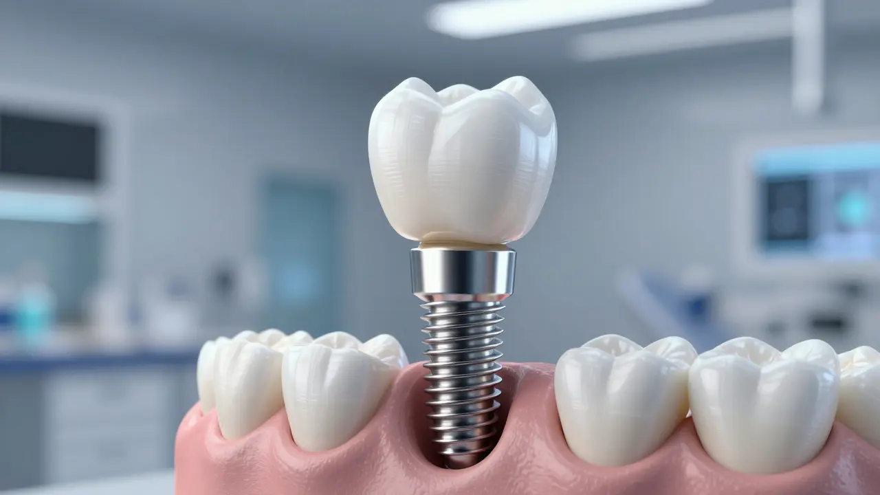 Vizuální zobrazení zubního implantátu a umělé korunky v kosti.