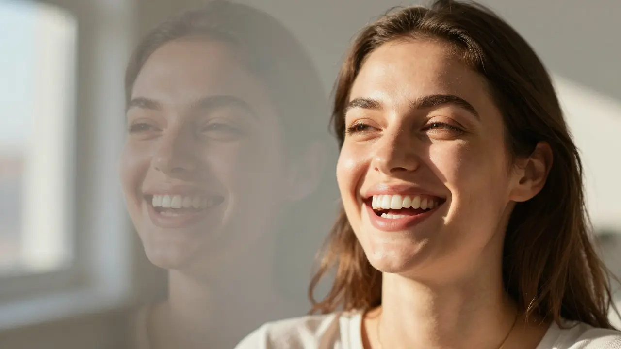 Woman laughing with radiant smile, highlighting natural-looking composite veneers.