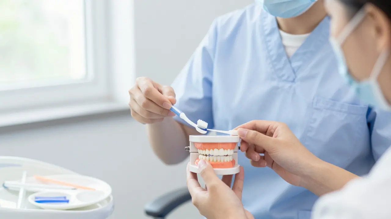 Zubní hygienistka vysvětluje správné používání mezizubního kartáčku.