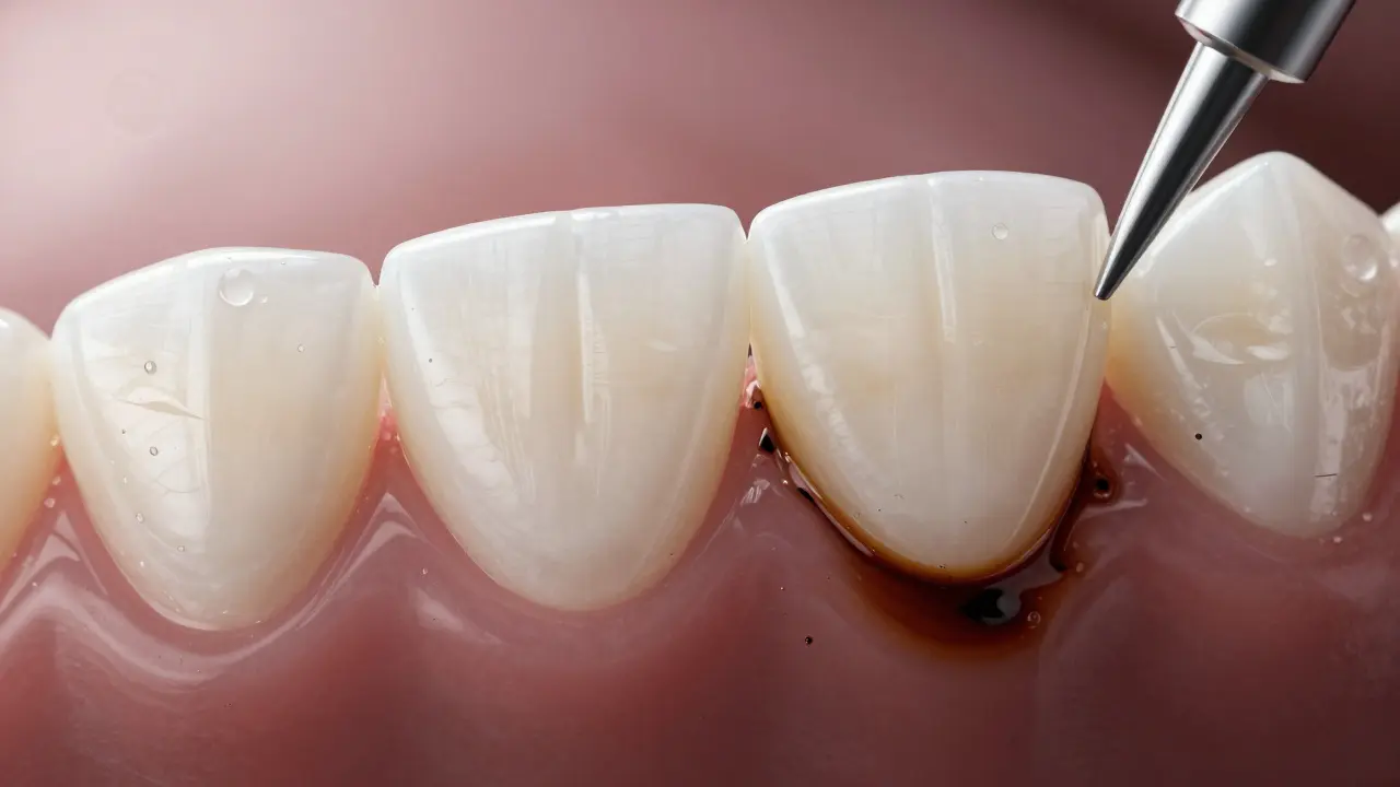 Zvětšený pohled na keramickou fazetu s jemným žlutým obrysem způsobeným zbarvením lepidla.