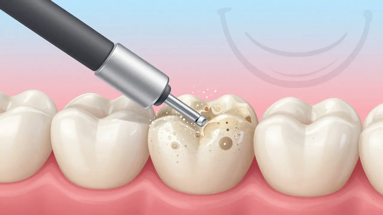 Zvětšený pohled na zubní sklovinu, jak je čištěna jemným práškem a vzduchem.