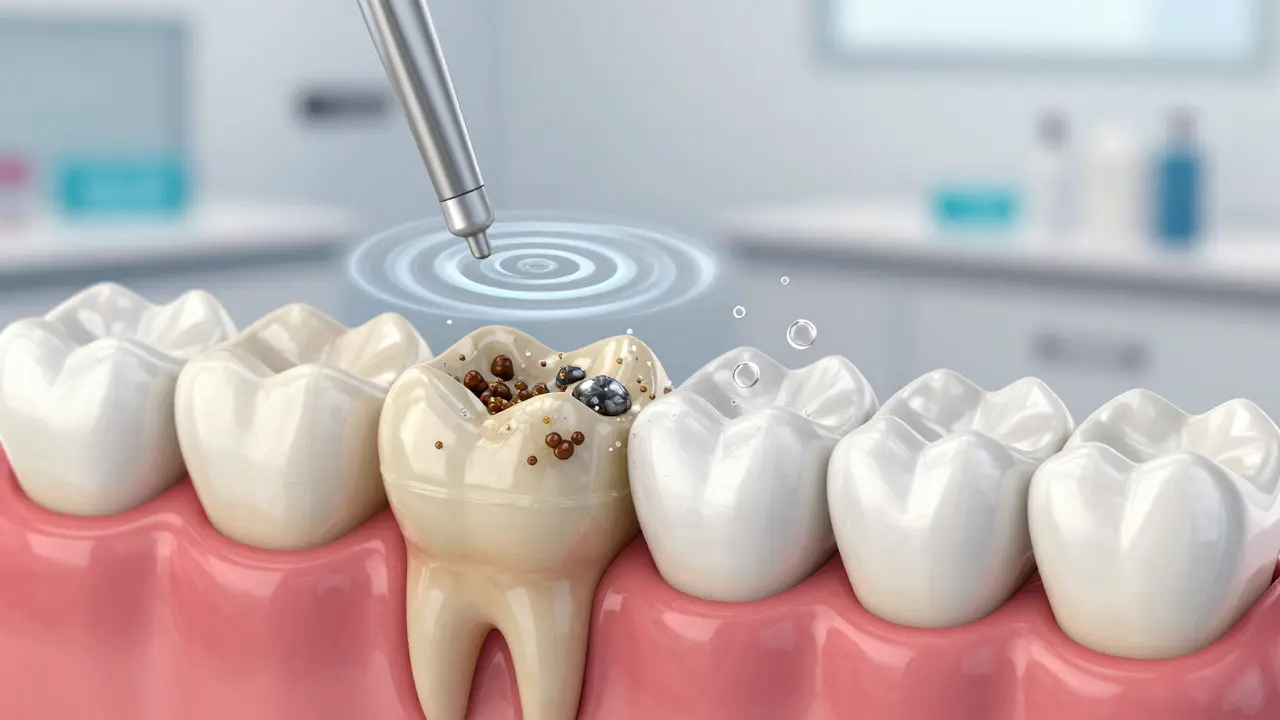Zvětšený pohled na zuby a dásně, kde ultrazvukové vlny rozkládají zubní kámen a plak na mikroskopické částice.