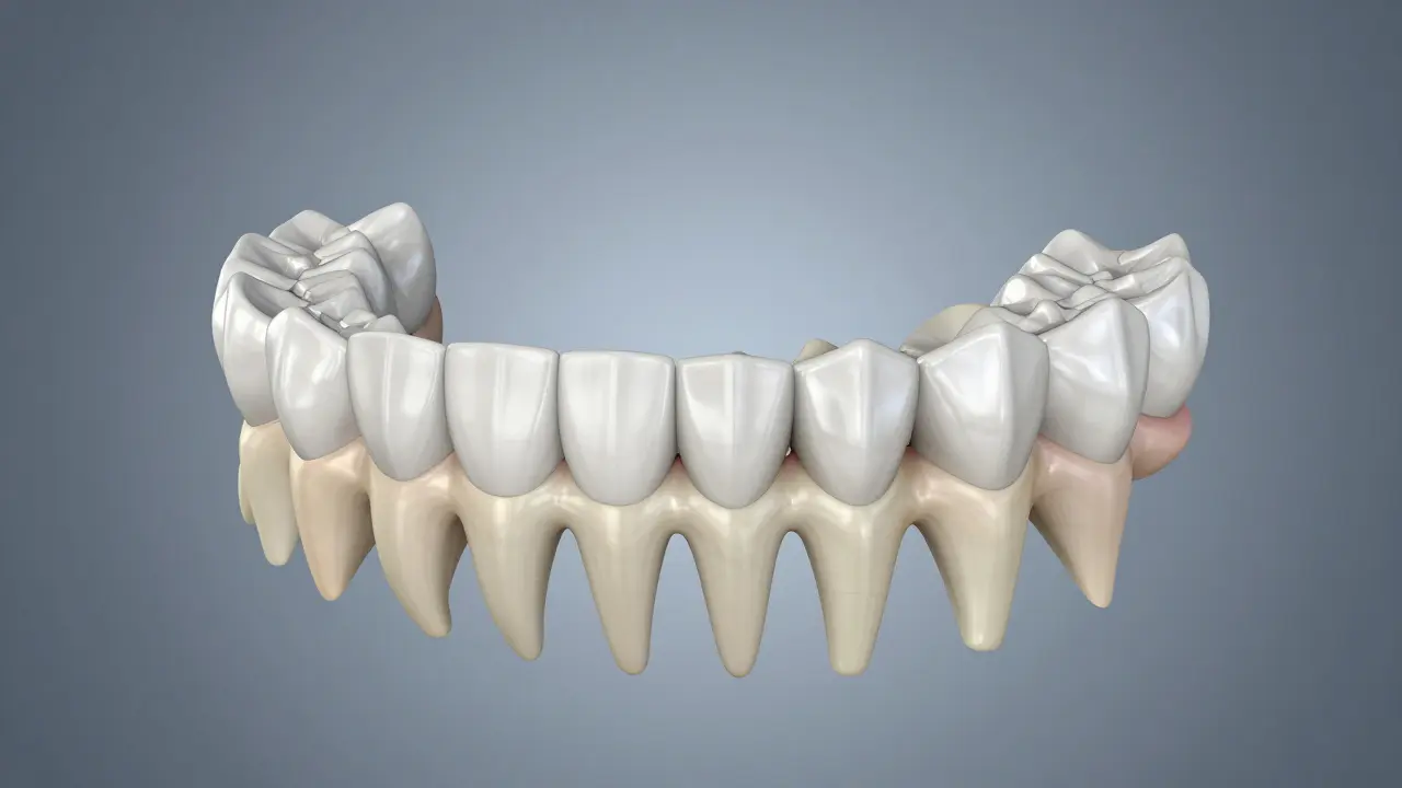 3D anatomický model lidské čelisti s různými typy zubů.