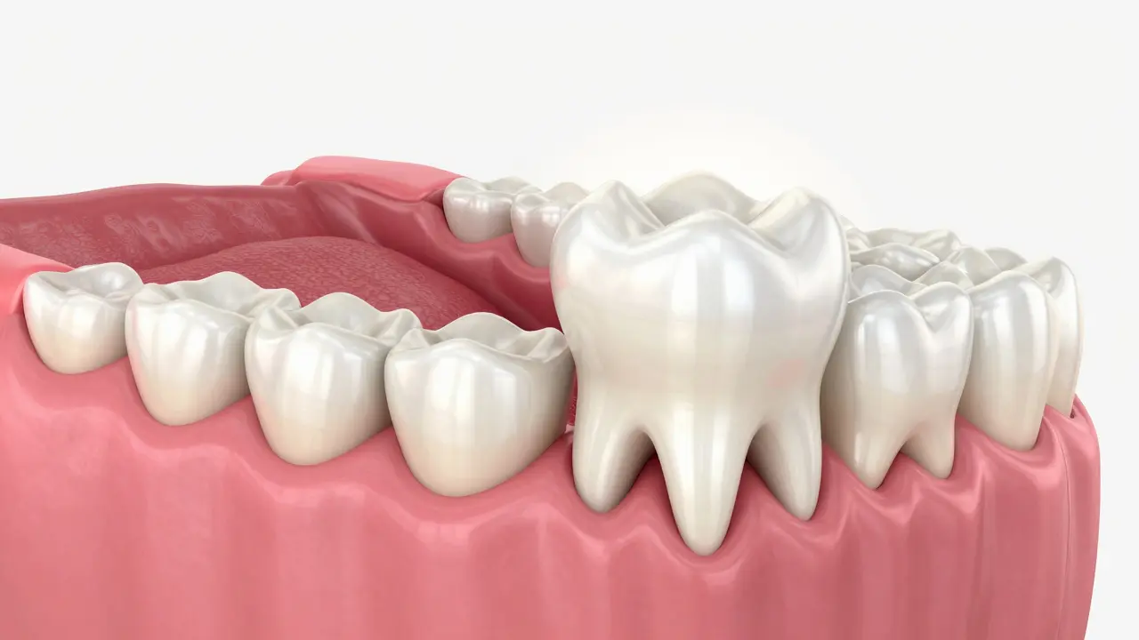 3D ilustrace průrazu mléčné stoličky dásní.