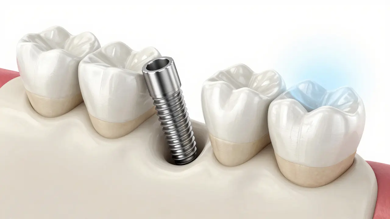 3D ilustrace zubního implantátu v čelistní kosti s kostní augmentací.