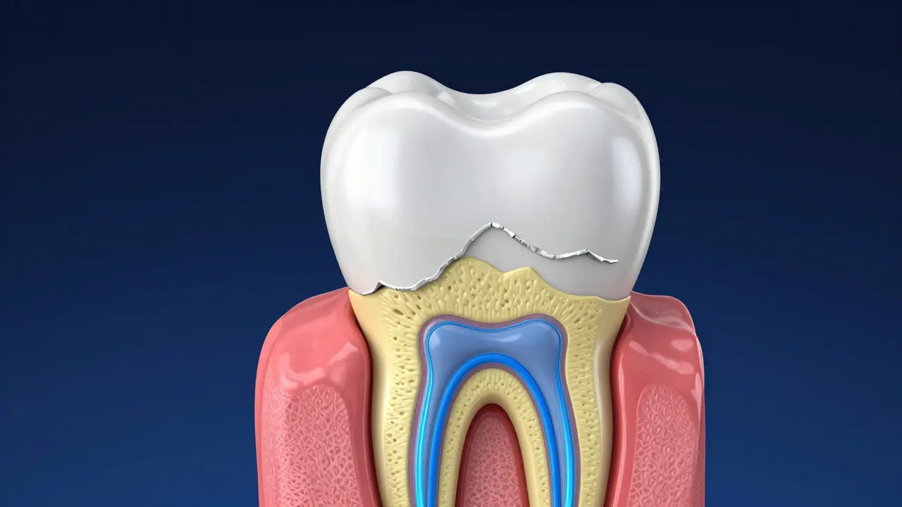 3D model zubu znázornující sklovinu a kanálky v dentinu.