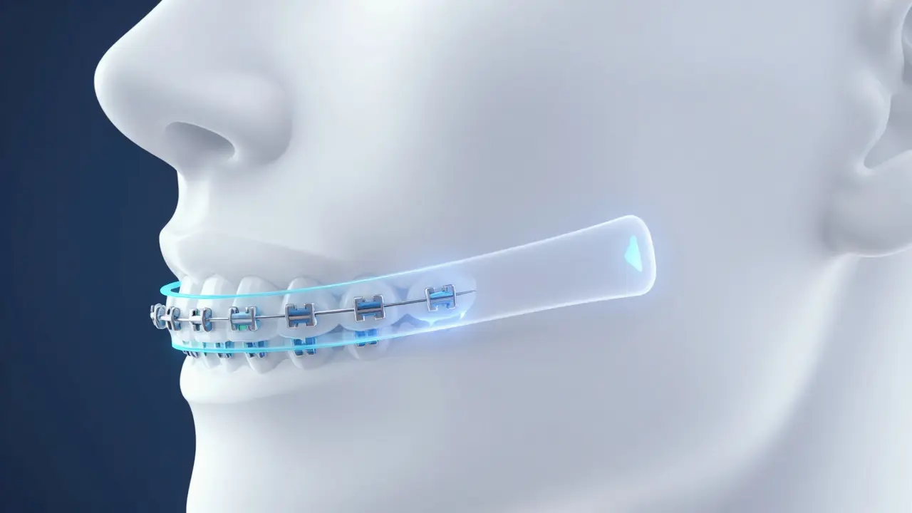 3D vizualizace čelisti s rovnátkem a elastickou gumičkou znázorňující tah a skus.