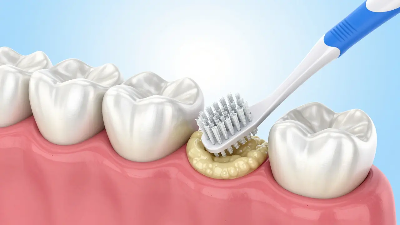 3D vizualizace mezizubního kartáčku odstraňujícího plak z prostoru mezi zuby.