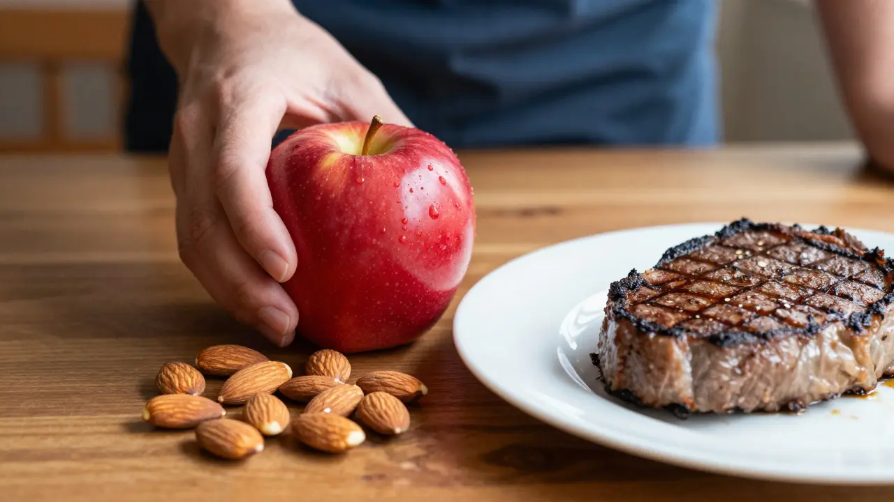 Čerstvé a tvrdé potraviny na stole symbolizující návrat k plnohodnotné stravě.