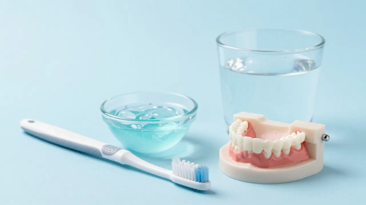 Čistící kartáček, gely a protéza v glass s vodou pro správnou hygienu.