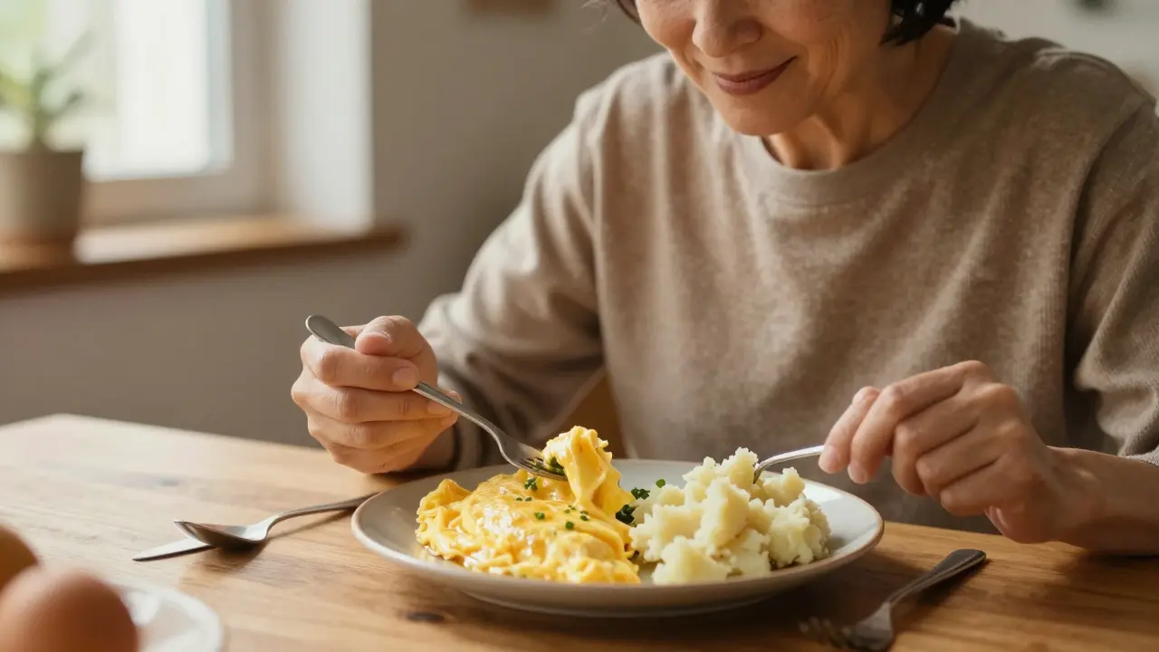 Člověk při jídle měkkých potravin během zvykání si s protézou.