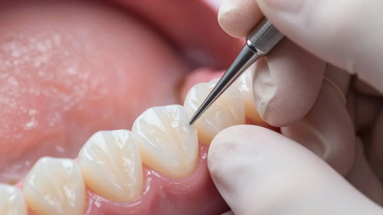Detailní pohled na proces ručního tvarování kompozitní vrstvy na zubu.