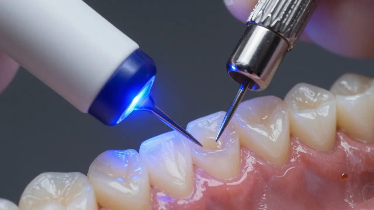 Detailní proces nanášení vrstev kompozitního materiálu na zub s použitím modrého UV světla.