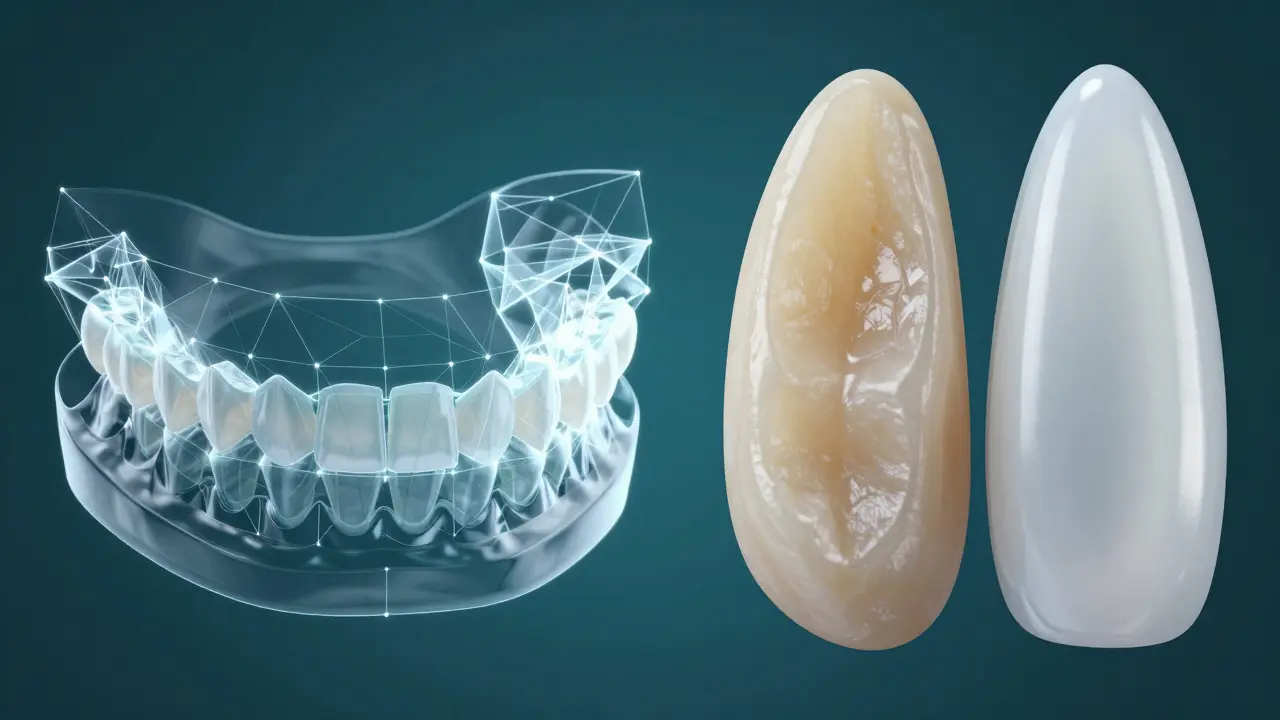 Digitální plánování úsměvu a vzorky kompozitních a keramických fazet.