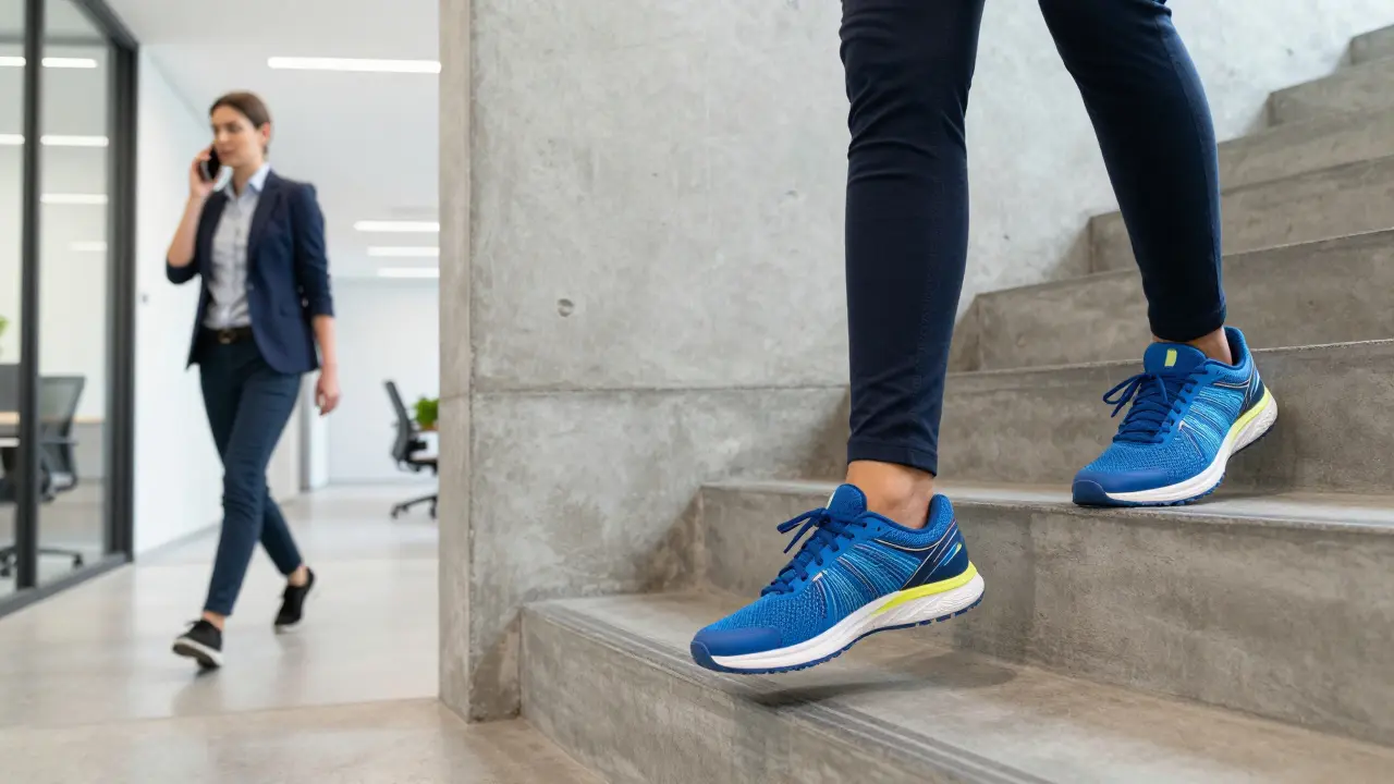 Kolaře v pohybu v kanceláři a stoupání po schodech v kvalitní obuvi.
