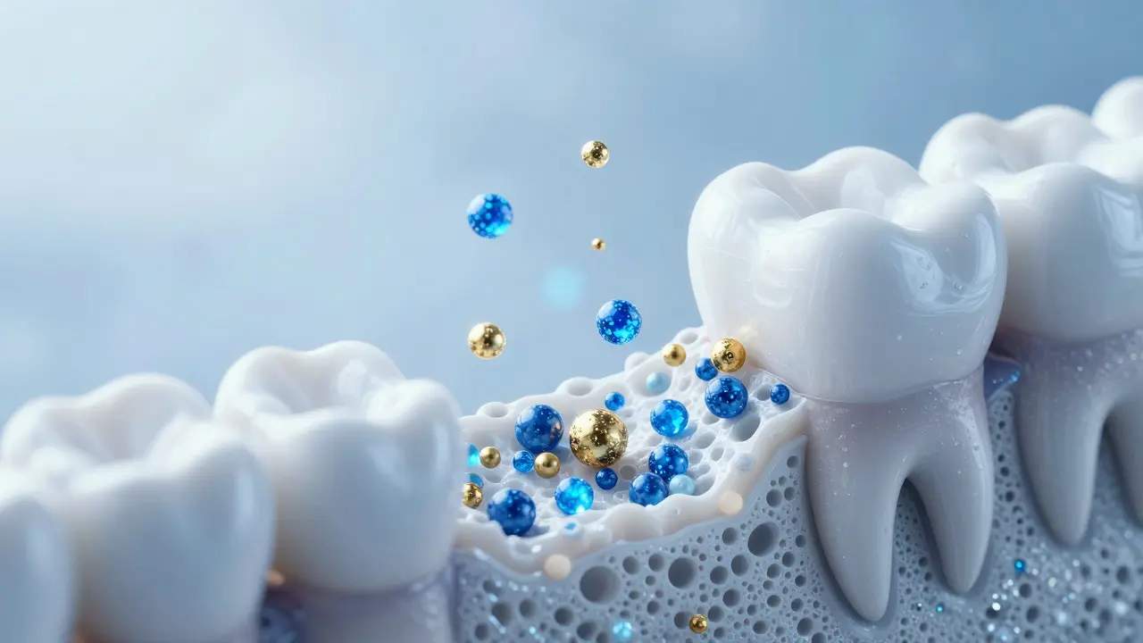 Konceptuální ilustrace procesu remineralizace zubní skloviny.