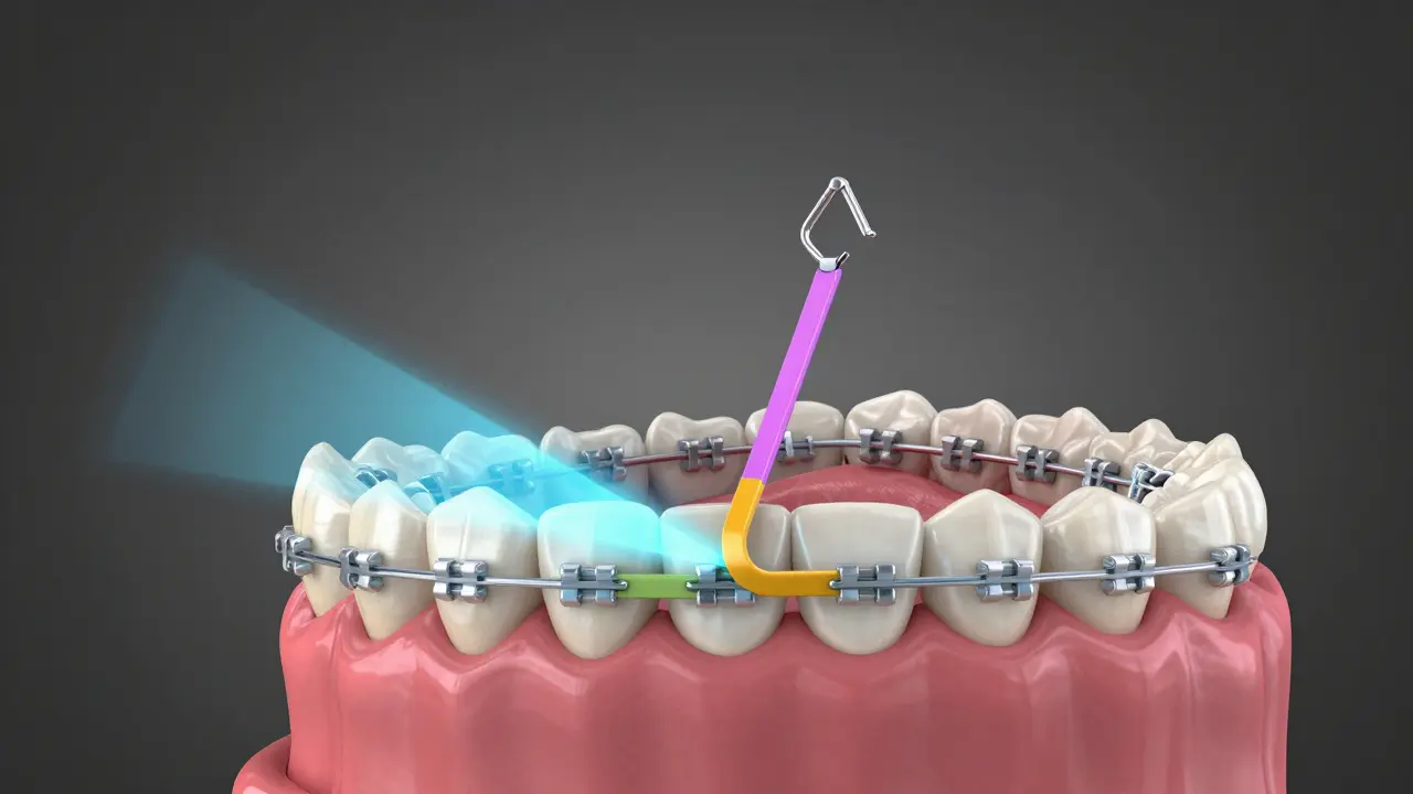 Konceptuální ilustrace ukazující napnutí gumičky mezi horní a dolní čelistí u rovnátka.
