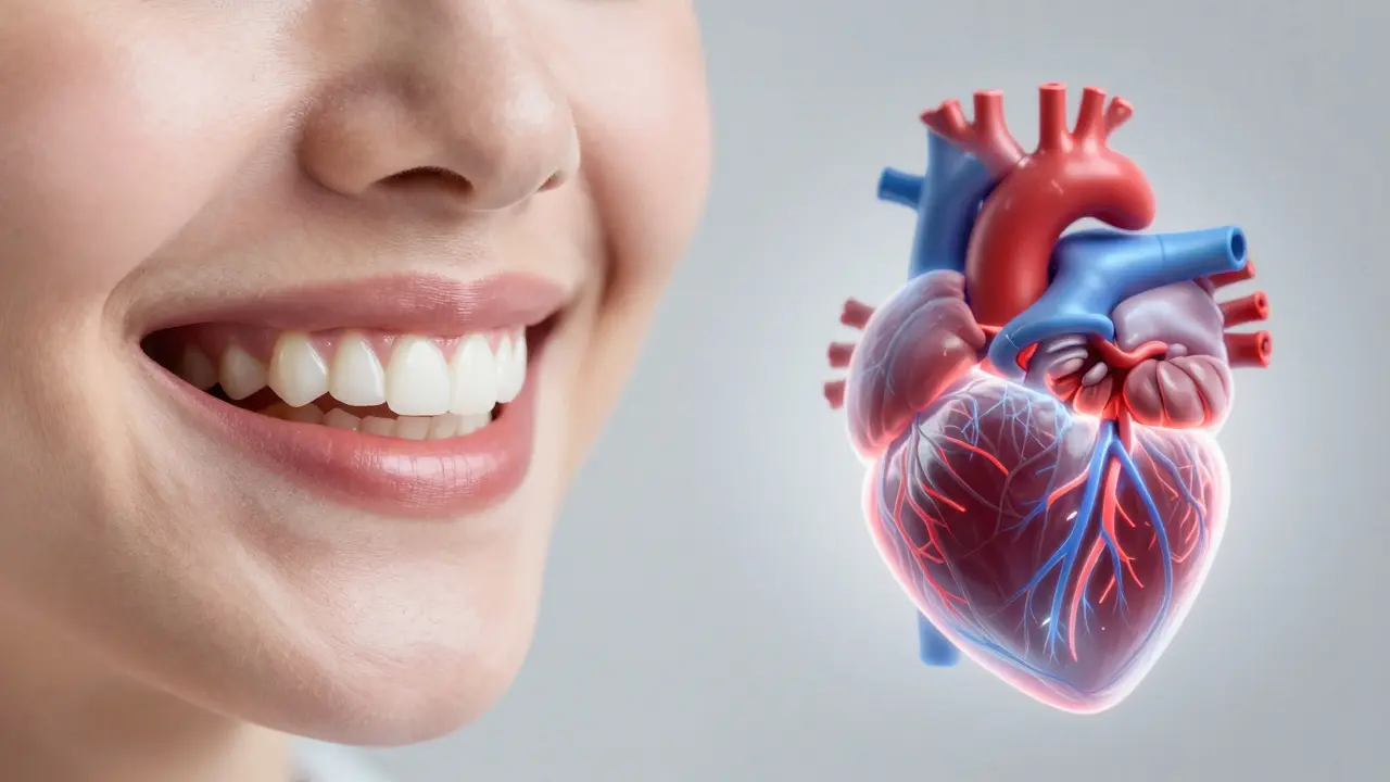 Konceptuální obraz propojující zdravý úsměv s celkovým zdravím srdce a organismu.