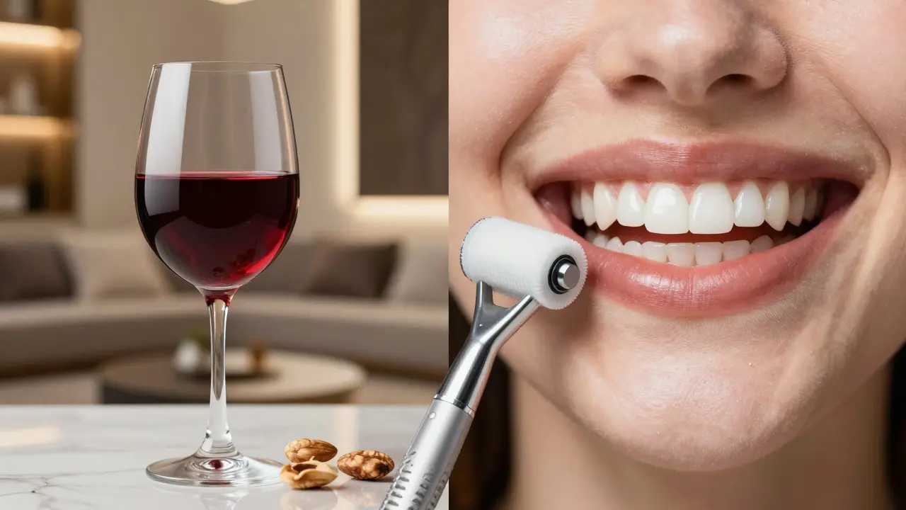 Konceptuální obraz znázorňující péči o zuby a vliv stravy na udržení bělosti fazet.