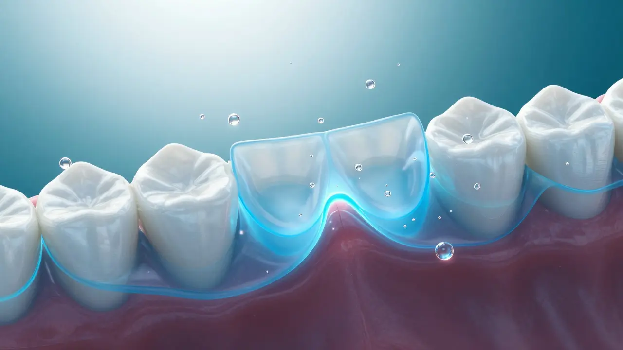 Konceptuální schéma znázornující pronikání vzduchu a vody pod vrstvu zubního lepidla.