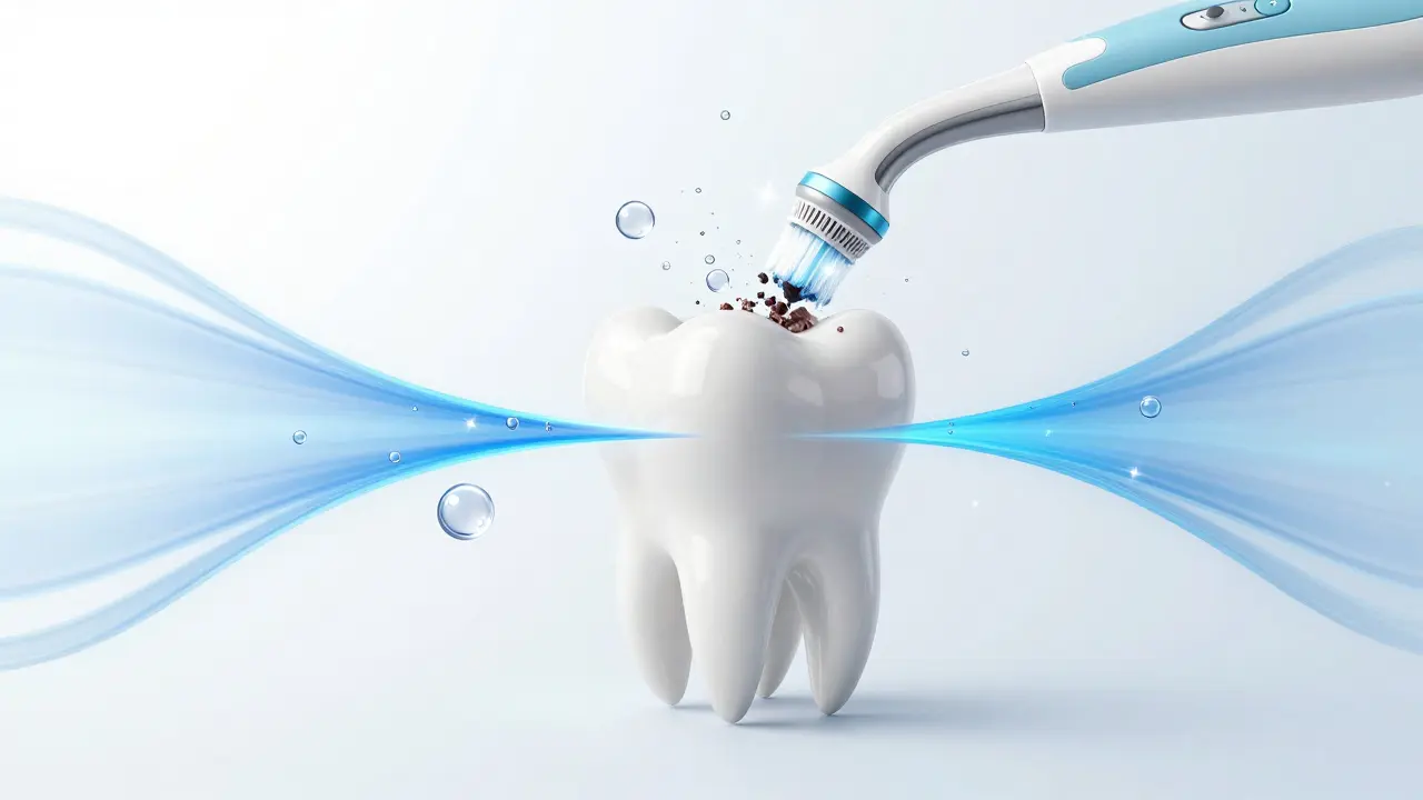 Konceptuální zobrazení fungování ultrasonického čističe zubů pomocí zvukových vln a bublinek.