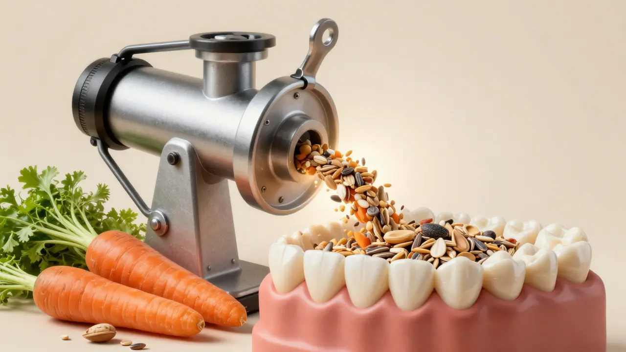Konceptuální zobrazení molárů jako mlýnku drtícího zdravé potraviny.