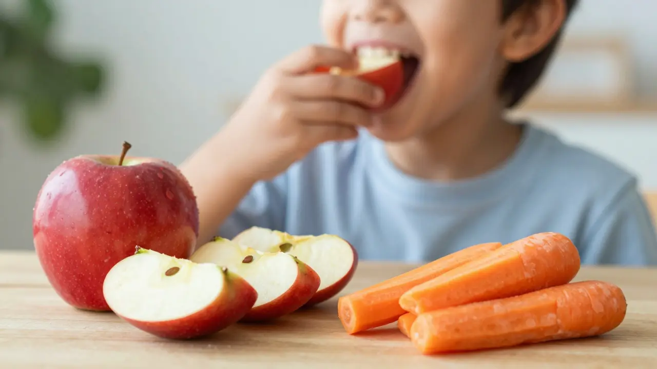 Kousání jablka a mrkve jako přirozený způsob pomoci při vypadání zubu.