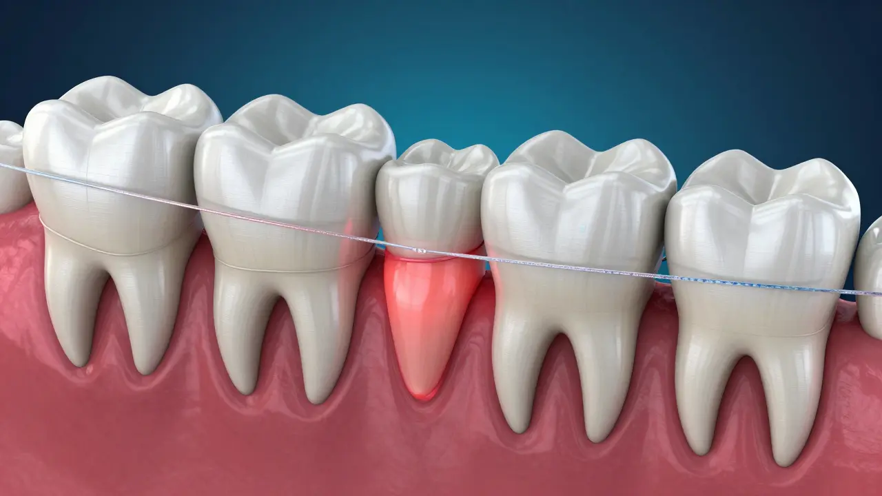 Kresba anatomie zubu v čelisti s fixací pomocí šplintu a znázorněním zánětu.