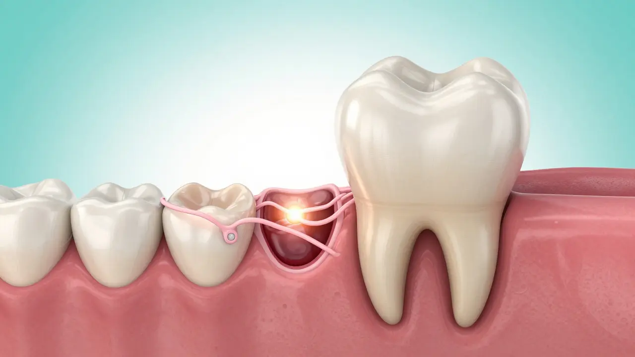 Kresba procesu hojení dásně a tvorby nové tkáně v lůku po extrakci zubu.