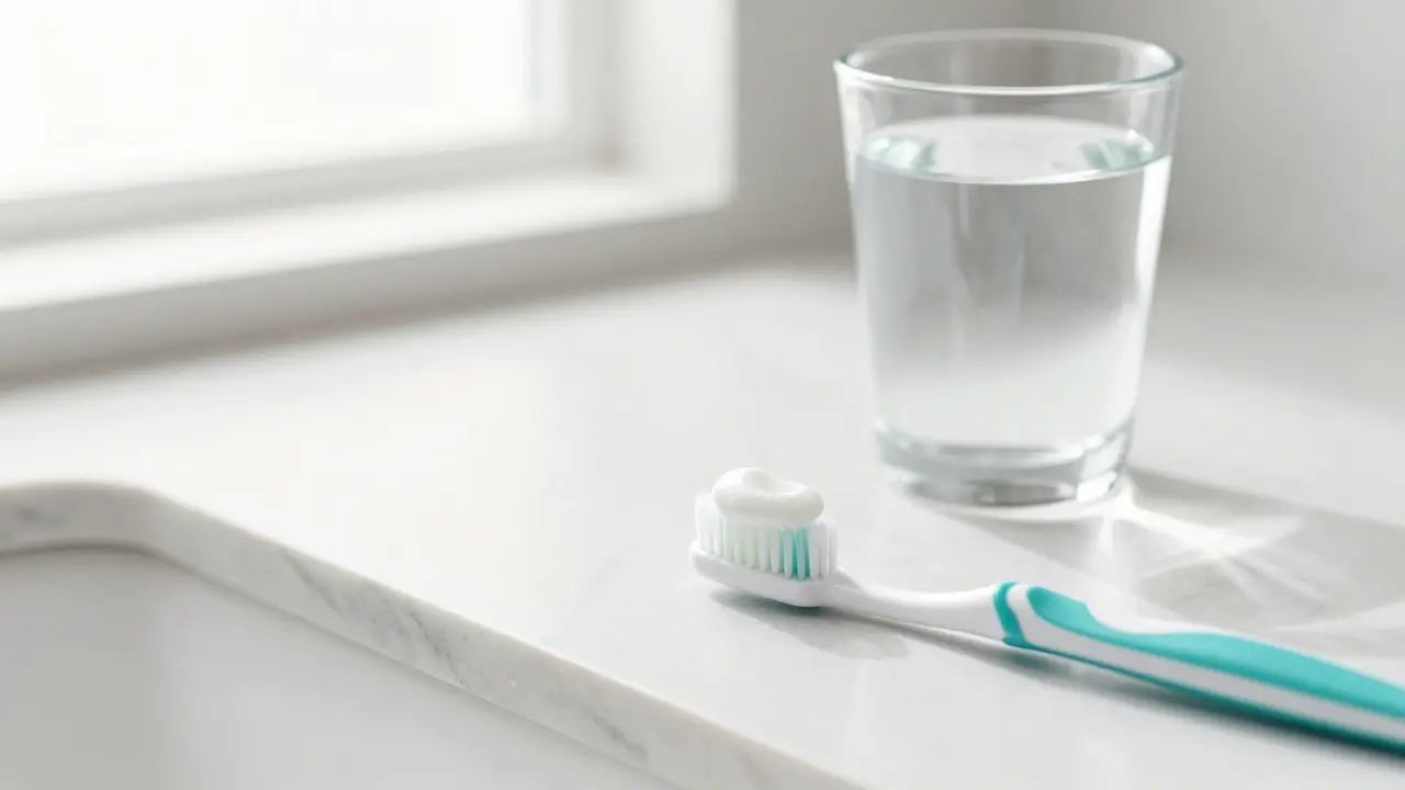 Měkký zubní kartáček s pastou pro citlivé zuby v koupelně.