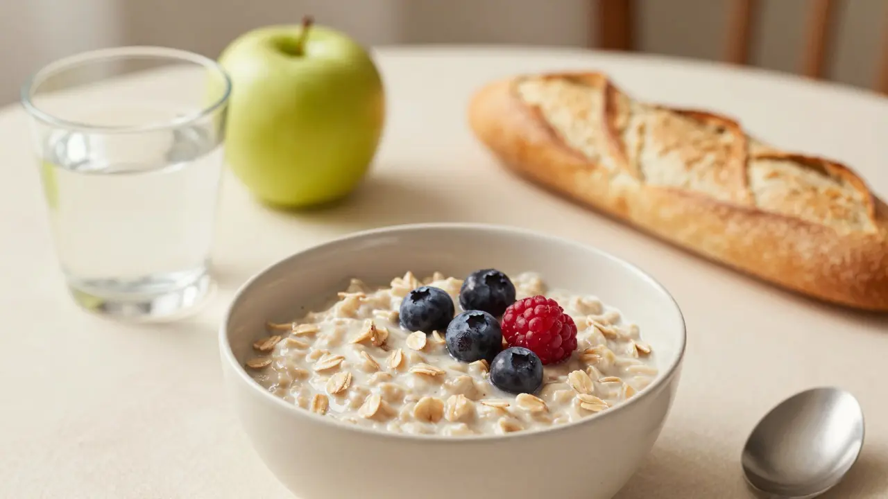 Mísa s ovesnou kaší a voda, vedle které jsou odstraněny tvrdé potraviny.