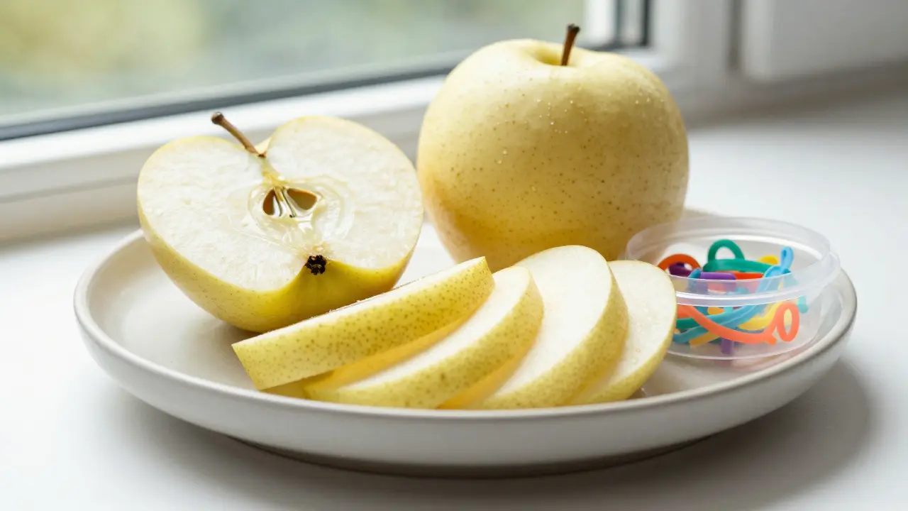 Nakrájené jablko na talíři vedle kontejneru s náhradními gumičkami.