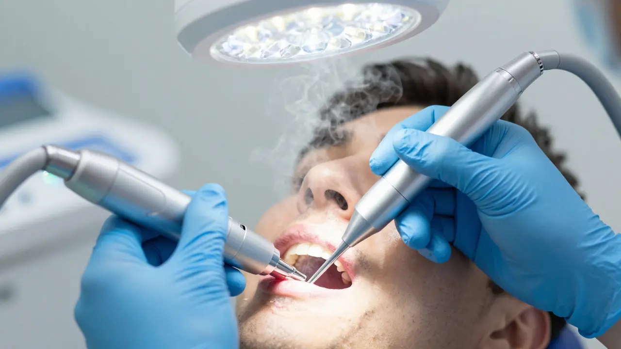 Odborné čištění zubního kamene zubním hygienistou.