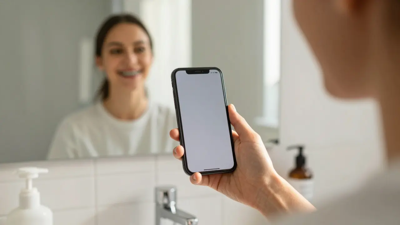 Osoba se usmívá do zrcadla v koupelně s nasazenými gumičkami na rovnátka.