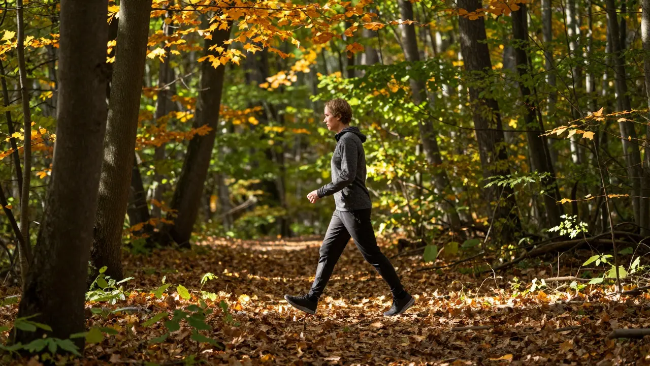 Osoba svižně kráčející po podzimové lesní stezce v přírodě.