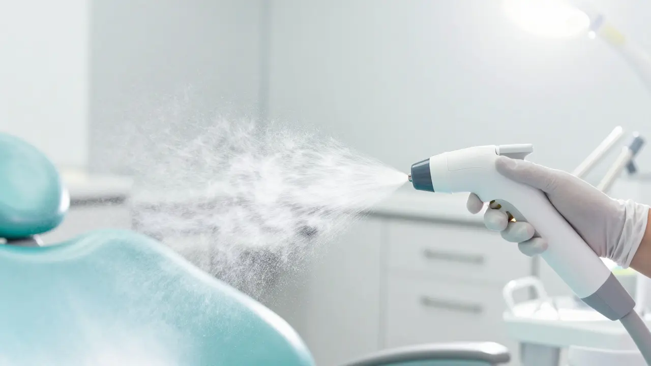 Profesionální čištění zubů metodou AirFlow v moderní zubní klinice.