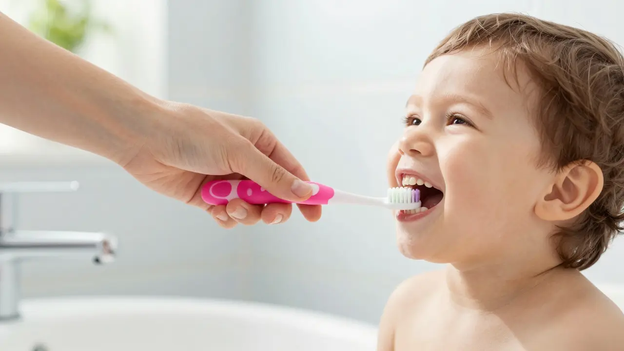 Rodič čistí dítěti první zuby silikonovým kartáčkem.