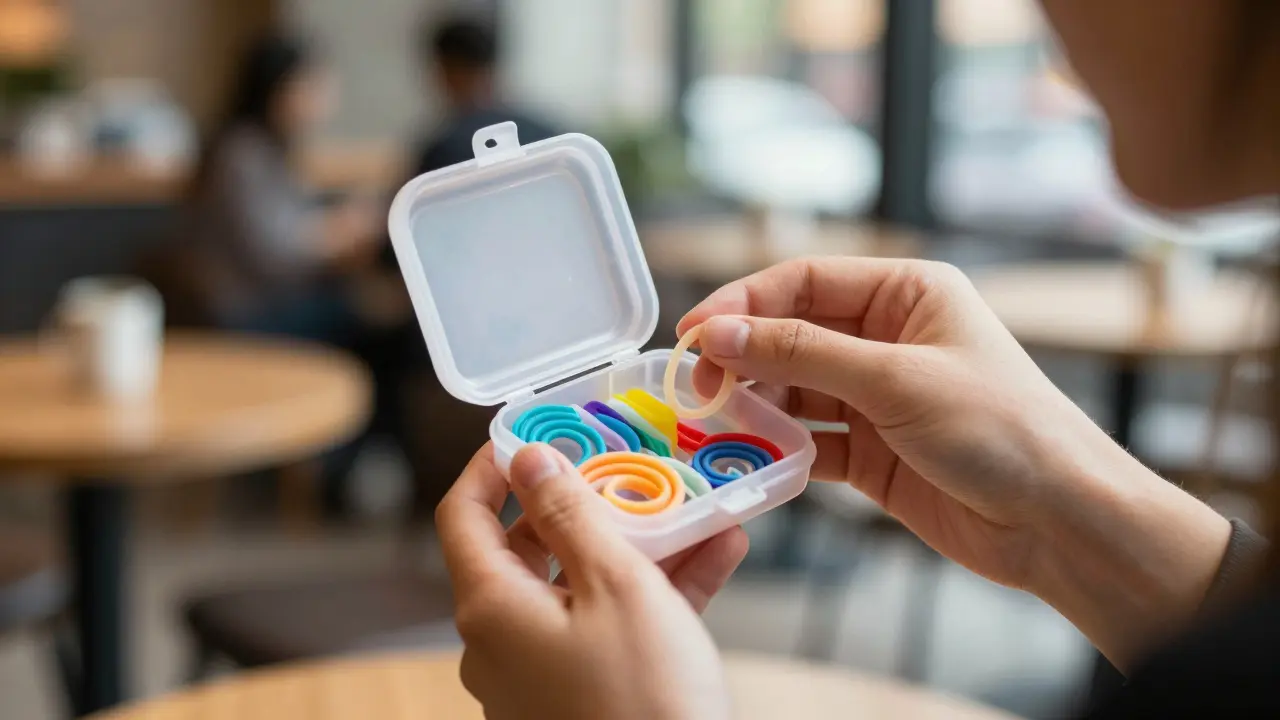 Ruka drží přenosný obal s náhradními ortodontickými gumičkami v městském prostředí.