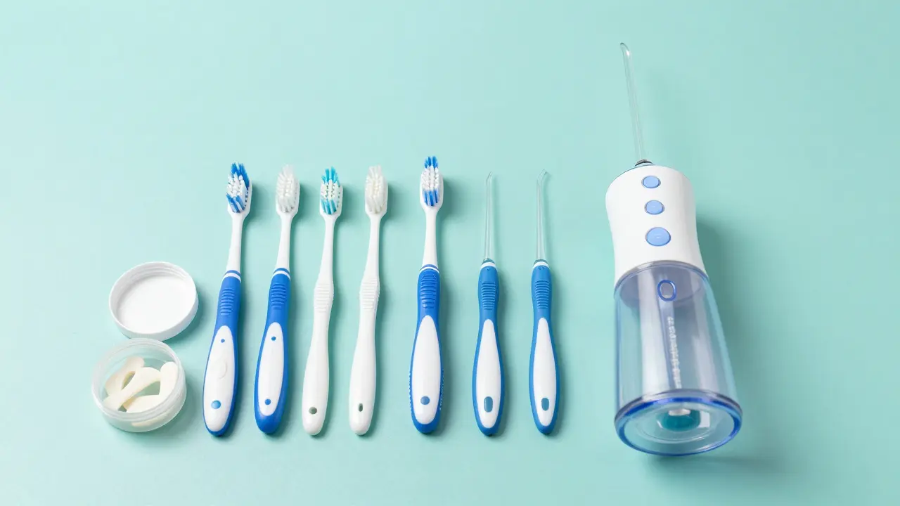 Sada hygienických pomůcek pro rovnatka včetně mezizubních kartáčků a irigátoru.