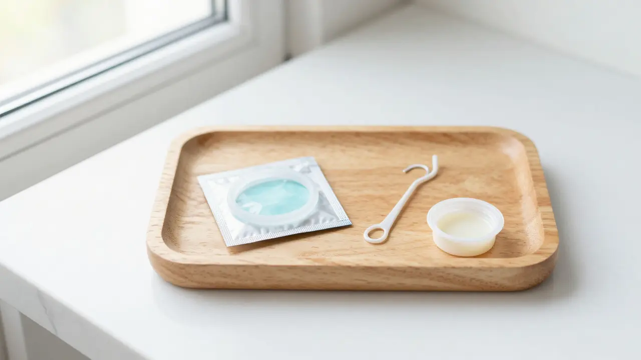 Sada ortodontických pomůcek: balíček gumiček, plastový háček a ortodontický vosk.