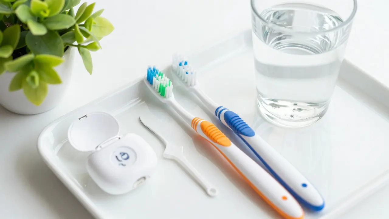 Sada pro kompletní ústní hygienu s kartáčkem Curaprox a pomůcky na podnosu.