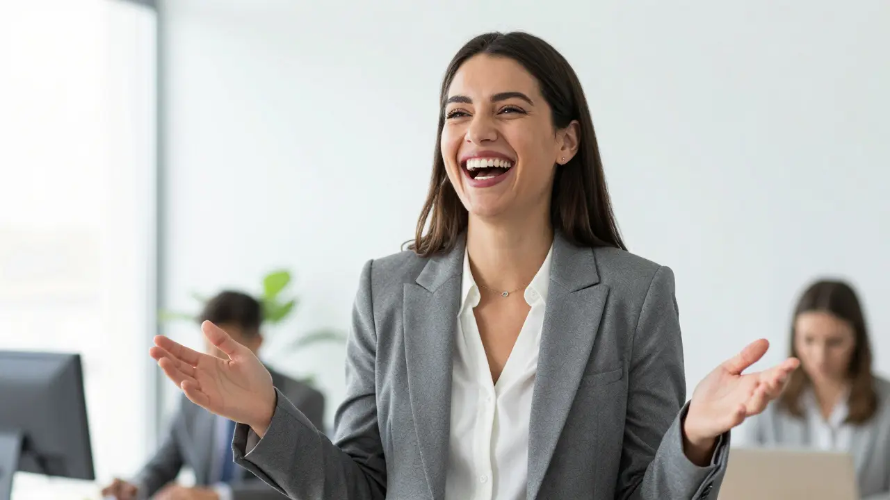 Sebevědomá žena s perfektním úsměvem během pracovní prezentace.